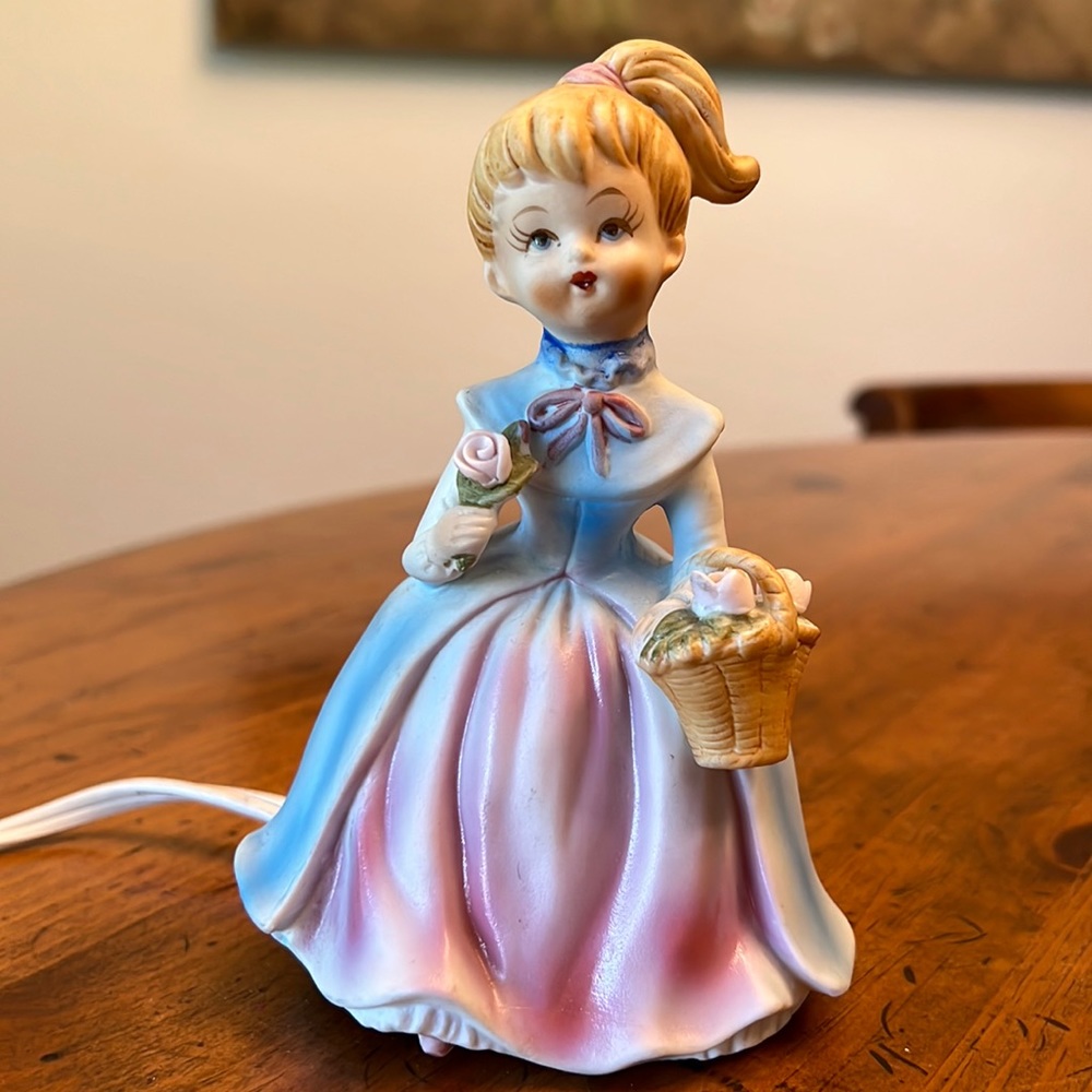 Norcrest Girl w/ Flower Basket Blue & Pink Dress Lights Up / Night Light